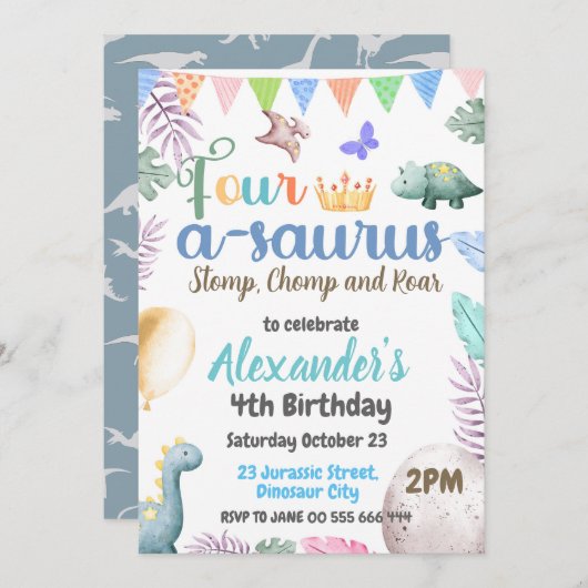 Invitation Fête d'anniversaire Quadru-Saurus pour les 4 ans d (Devant / Derrière)