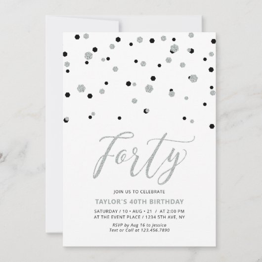 Invitation Fête d'anniversaire Quarante ans Black & Silver Co (Devant)