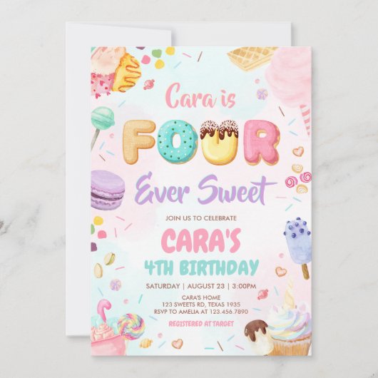Invitation Fête d'anniversaire quatre fois plus douce (Devant)