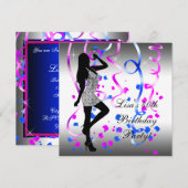 Invitation Fête d'anniversaire rayée bleu royal et rose chaud (Devant / Derrière)