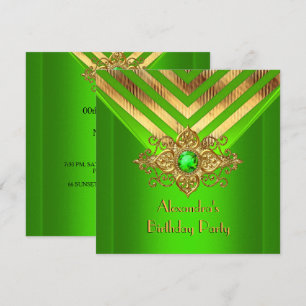 Invitation Fête d'anniversaire Rayure Déco Or Gemme Vert Citr