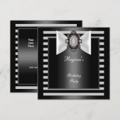 Invitation Fête d'anniversaire rayure noir blanc Nœud (Devant / Derrière)