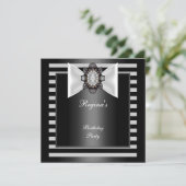 Invitation Fête d'anniversaire rayure noir blanc Nœud (Debout devant)