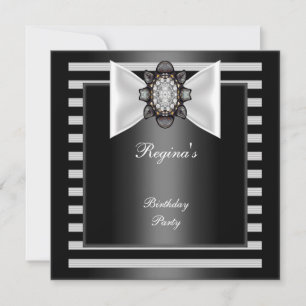 Invitation Fête d'anniversaire rayure noir blanc Nœud