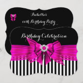 Invitation Fête d'anniversaire Rayure Rose Noir Blanc (Devant / Derrière)