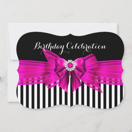 Invitation Fête d'anniversaire Rayure Rose Noir Blanc (Devant)