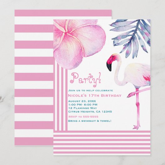 Invitation Fête d'anniversaire rayures roses et blanches de f (Devant / Derrière)
