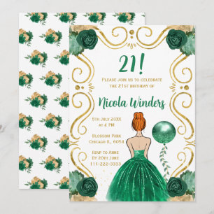 Invitation Fête d'anniversaire Red Hair Princesse en vert