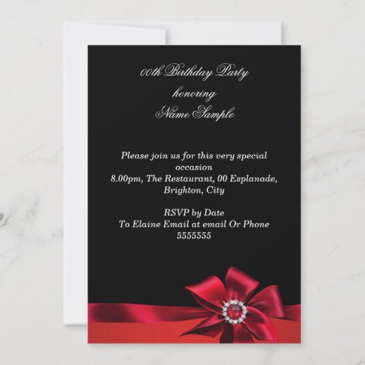 Invitation Fête d'anniversaire Red Pearl Diamond Bow (Dos)