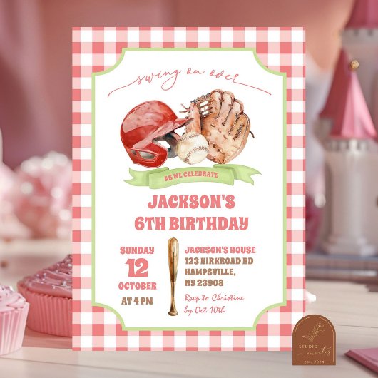 Invitation Fête d'anniversaire Red Preppy Baseball Swing on O