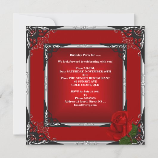 Invitation Fête d'anniversaire Red Rose Silver Black (Dos)