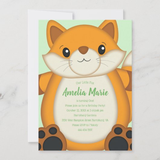 Invitation Fête d'anniversaire renard vert (Devant)