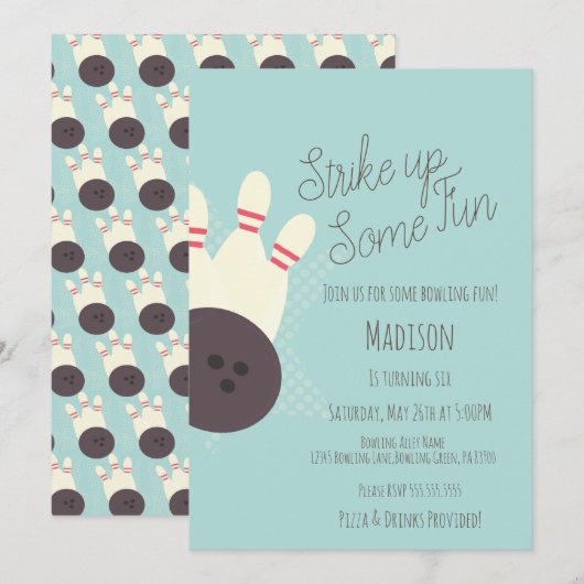 Invitation Fête d'anniversaire rétro bowling sarcelle (Devant / Derrière)