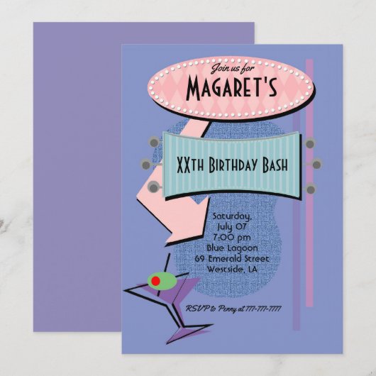 Invitation Fête d'anniversaire rétro cocktail (Devant / Derrière)