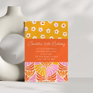 Invitation Fête d'anniversaire rétro fleuri orange 50 ans Col