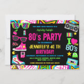Invitation Fête d'anniversaire rétro néon années 80 Vintage (Devant)