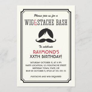 Invitation Fête d'anniversaire rétro stripes perruque et must