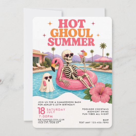 Invitation Fête d'anniversaire rétro Summerween à la piscine (Devant)