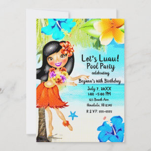 Invitation Fête d'anniversaire rétro tropicale Hula Girl Luau