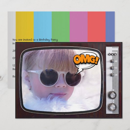Invitation Fête d'anniversaire Retro TV (Devant / Derrière)