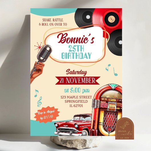 Invitation Fête d'anniversaire rétro vintage années 1950 pour