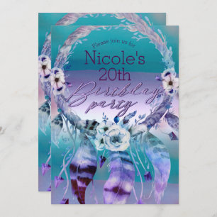 Invitation Fête d'anniversaire rêveuse pourpre et turquoise