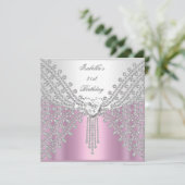 Invitation Fête d'anniversaire révisée Image Rose Argent Blan (Debout devant)