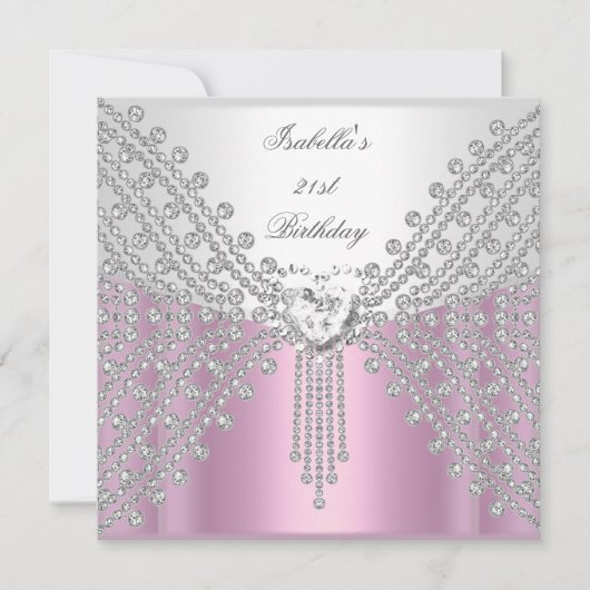 Invitation Fête d'anniversaire révisée Image Rose Argent Blan (Devant)