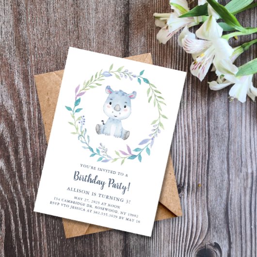 Invitation Fête d'anniversaire Rhinocéros Aquarelle