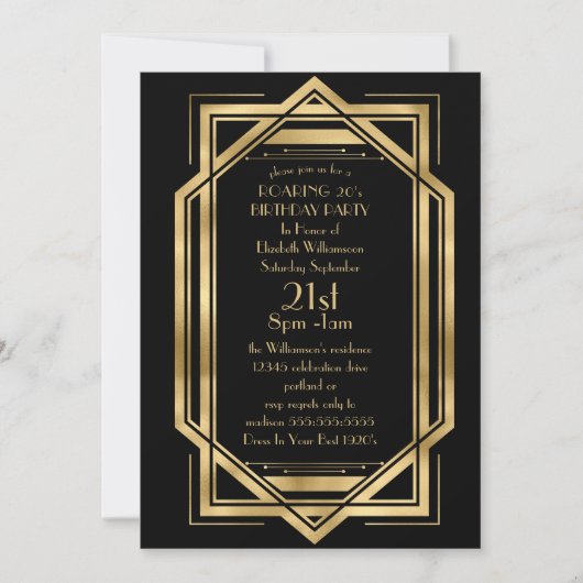 Invitation Fête d'anniversaire Roaring Black and Gold Art Déc (Devant)