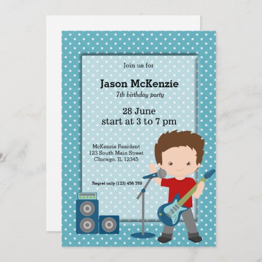 Invitation Fête d'anniversaire Rock Star (Devant / Derrière)