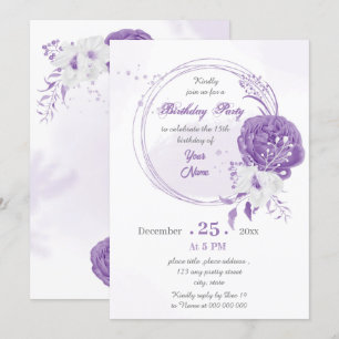 Invitation fête d'anniversaire romantique blanche violet géom