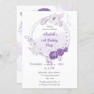Invitation fête d'anniversaire romantique blanche violet géom