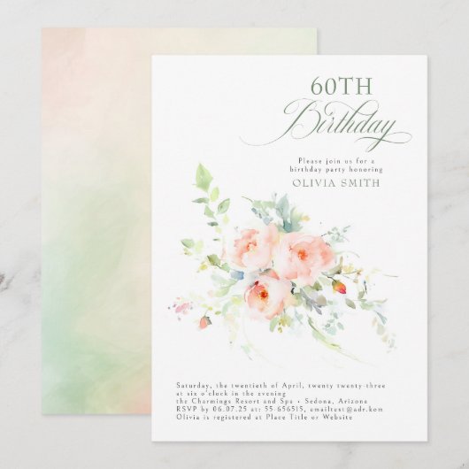 Invitation Fête d'Anniversaire Romantique Elégante Florale Ro (Devant / Derrière)