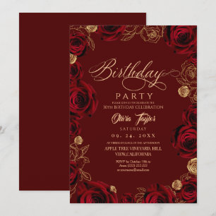 Invitation Fête d'anniversaire Rose Bourguignonne Script Rust