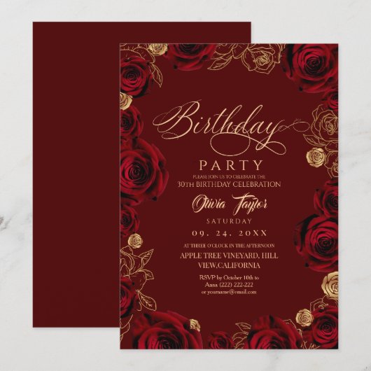 Invitation Fête d'anniversaire Rose Bourguignonne Script Rust (Devant / Derrière)