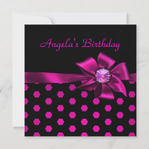Invitation Fête d'anniversaire Rose Bow Noir Tache Rose