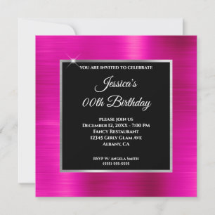 Invitation Fête d'anniversaire rose chaud argenté et noir