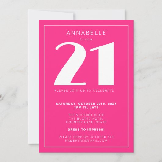 Invitation Fête d'anniversaire rose chaud moderne 21e Vingt e (Devant)