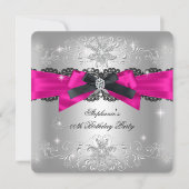 Invitation Fête d'anniversaire rose chaud noir nœud paillette (Devant)