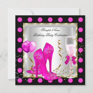 Invitation Fête d'anniversaire rose chaud or paillettes blanc