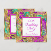 Invitation Fête d'anniversaire rose chaud sarcelle violet Or (Devant / Derrière)