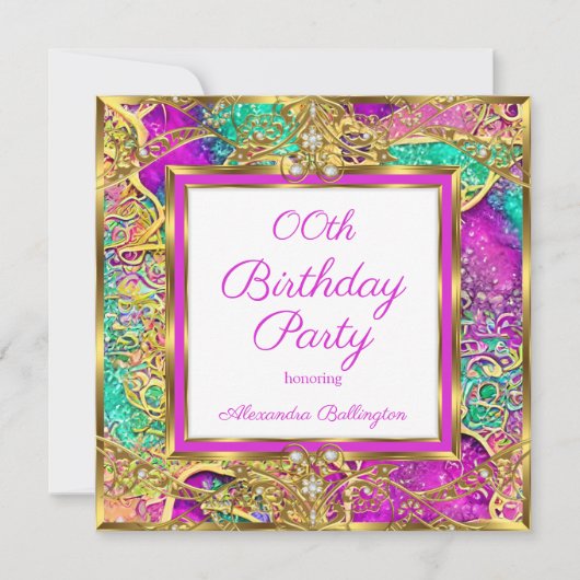 Invitation Fête d'anniversaire rose chaud sarcelle violet Or (Devant)