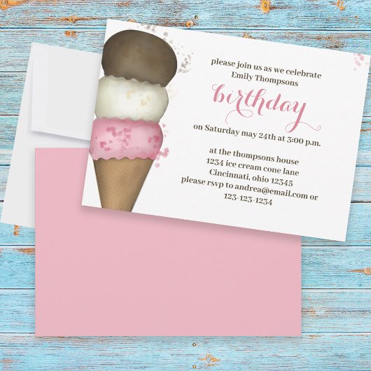 Invitation Fête d'anniversaire rose Cône de glace personnalis