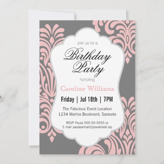 Invitation Fête d'anniversaire Rose Damas (Devant)