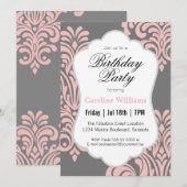 Invitation Fête d'anniversaire Rose Damas (Devant / Derrière)