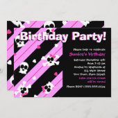 Invitation Fête d'anniversaire rose de crânes et de coeurs (Devant / Derrière)