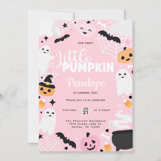 Invitation Fête d'anniversaire rose de Halloween Ghost Citrou (Devant)