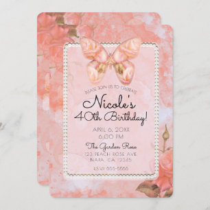 Invitation Fête d'anniversaire rose de papillon vintage rose