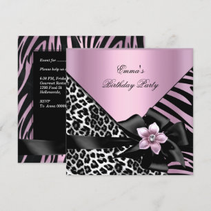 Invitation Fête d'anniversaire rose élégante zèbre léopard
